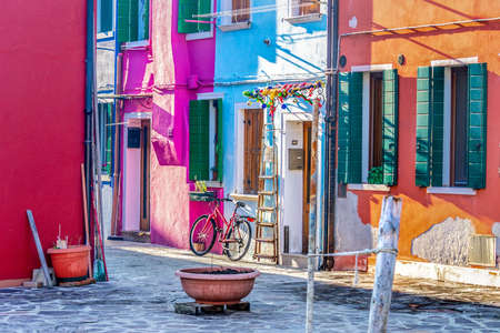 Picturesque square in Burano, Italyの写真素材