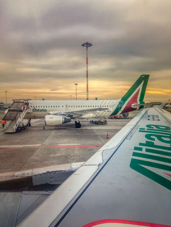 Milan, ITA - January 21, 2020: Alitalia airplanes in Linate international airport apronのeditorial素材