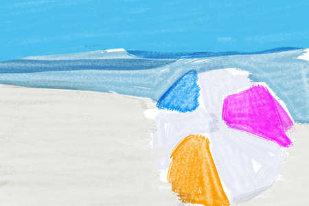 Watercolor painting of a beach ball by a turquoise shore の写真素材