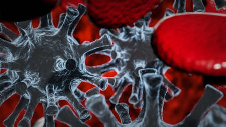 3d illustration of a macro view of red blood cells and grey virusesの写真素材