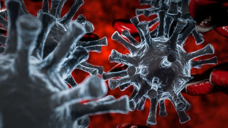 Illustration of several viruses surrounded by blood cellsの写真素材