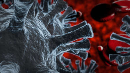 3d illustration of a macro view of viruses and blood cellsの写真素材