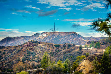 Los Angeles, CA, USA - October 28, 2016: Blue sky over Hollywood sign in Los Angelesのeditorial素材