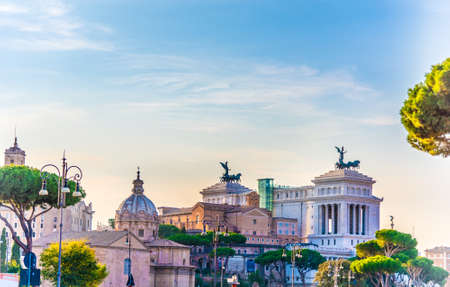 Altar of the Fatherland in Rome under a clear sky at sunset, Italyの写真素材