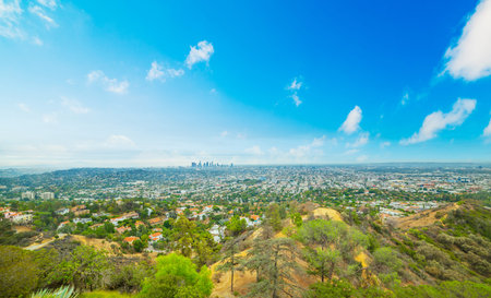 Panoramic view of Los Angeles under a blue sky. California, USA