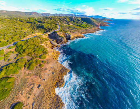Aerial view of Alghero rocky shore at sunset. Sardinia, Italyの写真素材