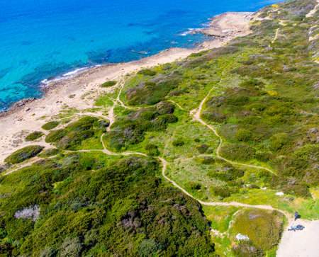 Green meadow and blue sea in Alghero. Sardinia, Italyの写真素材