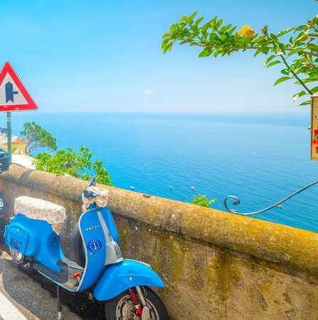 Positano, ITA - May 24, 2018: Vespa parked in Positano seafrontのeditorial素材