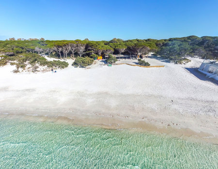Aerial view of Maria Pia beach on a sunny day. Sardinia, Italyの写真素材