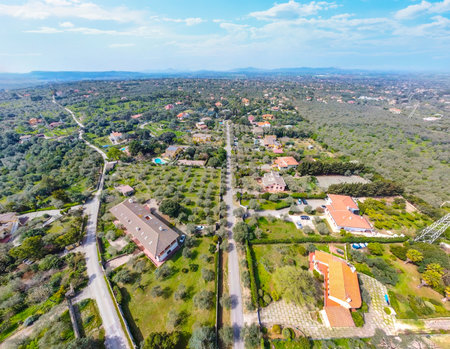 Aerial view of a residential neighborhood in springtime in Italyの写真素材
