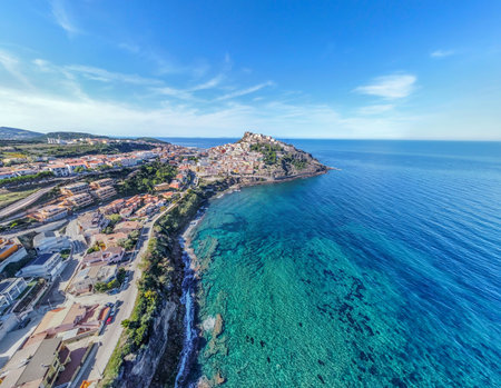 Aerial view of Castelsardo turquoise sea on a sunny day. Sardinia, Italyの写真素材