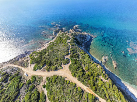 Aerial view of Sentiero della Nurra dirt road in Sardinia, Italyの写真素材