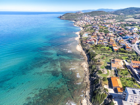 Aerial view of Lu Bagnu turquoise sea on a sunny day. Sardinia, Italyの写真素材