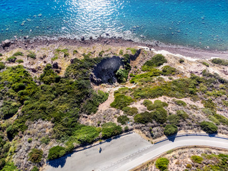 Aerial view of a lay by close to the sea in Sardinia, Italyの写真素材
