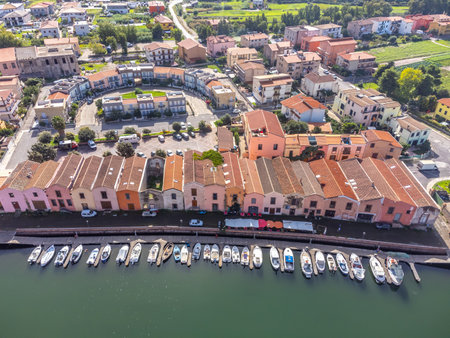 Aerial view of historic tanneries by the river in Bosa. Sardinia, Italyの写真素材