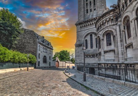 Colorful sky over Sacre Coeur cathedral at sunset. Paris, Franceの写真素材