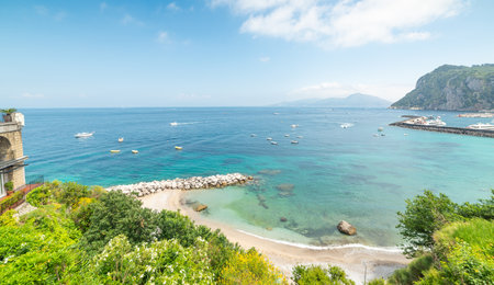 Panoramic view of Marina Grande beach on a sunny day. Capri, Italyの写真素材