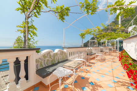 Gorgeous terrace by the sea in world famous Positano. Amalfi coast, Italyの写真素材