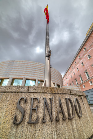 Madrid senate building under a cloudy sky, Spainの写真素材