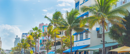 Palm trees and colorful buidings in Ocean Drive. Miami Beach, USAの写真素材