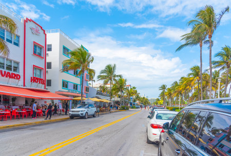 Miami Beach, USA - February 26, 2019: City life in Ocean Drive in South Beachのeditorial素材