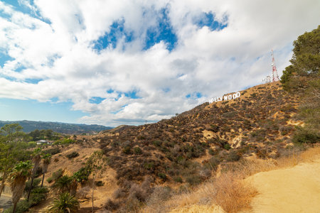 Los Angeles, USA - October 28, 2016: Cloudy sky over world famous Hollywood signのeditorial素材