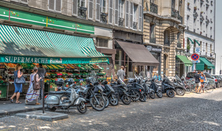 Paris, France - July 07, 2018: Motorcycles parked in Montmartre neighborhoodのeditorial素材
