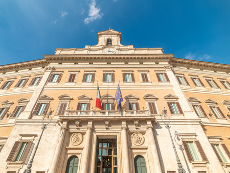 Montecitorio Palace under a blue sky with clouds. Rome, Italyのeditorial素材