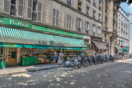 Paris, France - July 07, 2018: Supermarket in Montmartre neighborhood in summerのeditorial素材