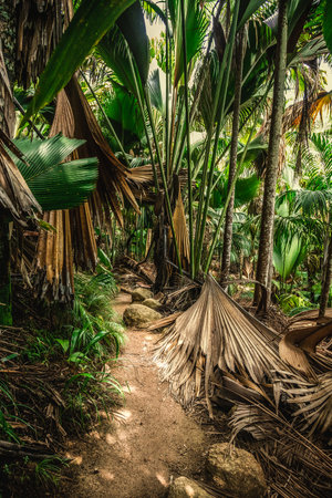 Narrow path surrounded by tropical vegetation in Vallee de Mai jungle. Praslin island, Seychellesの写真素材