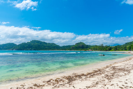 Blue sky over Baie Lazare beach in Mahe island, Seychellesの写真素材