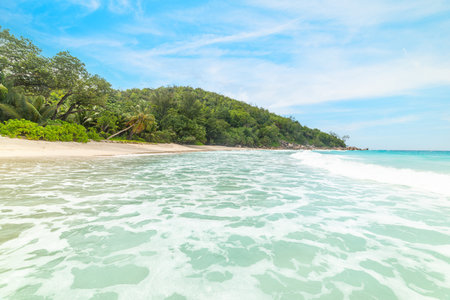 Anse Georgette beach seen from the water. Praslin island, Seychellesの写真素材