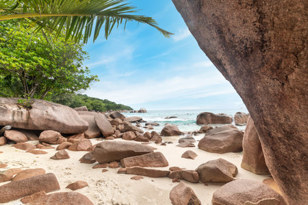 Granite rocks and white sand in world famous Anse Lazio. Praslin island, Seychellesの写真素材