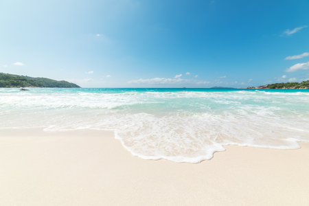 White sand and turquoise water in world famous Anse Lazio beach. Praslin island, Seychellesの写真素材