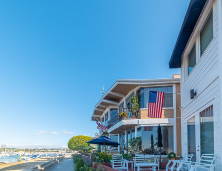 Luxury houses by the shore in Balboa island, Newport Beach. California, USAの写真素材