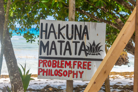 Hakuna Matata sign by the sea in Seychellesの写真素材