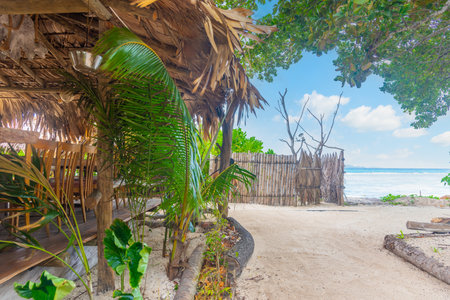 Picturesque beach bar by the sea in La Digue, Seychellesの写真素材