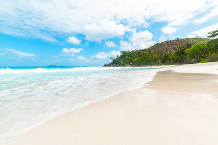 White sand and turquoise water in Anse Georgette beach. Praslin island, Seychellesの写真素材