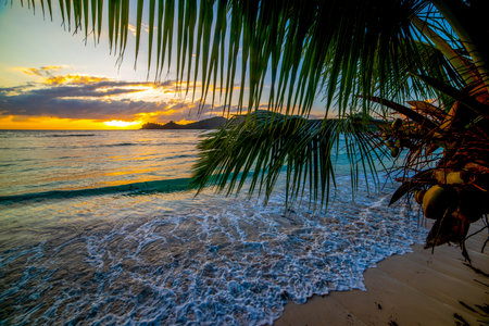 Sunset in Baie Lazare beach. Mahe island, Seychelles