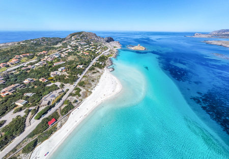 Aerial view of La Pelosa beach shoreline. Sardinia, Italyの写真素材