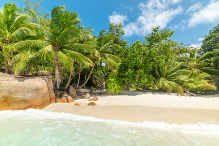 Anse Lazio beach seen from the water. Praslin island, Seychellesの写真素材