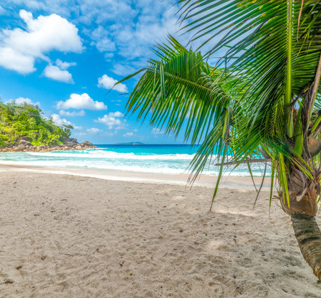 Anse Georgette beach under a clousy sky. Praslin island, Seychellesの写真素材