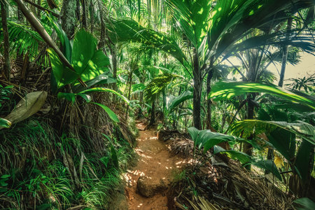 Narrow walk path surrounded by lush vegetation in Vallee de Mai. Praslin island, Seychellesの写真素材