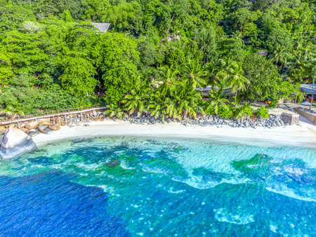 Aerial view of Anse Citron beach in Praslin island, Seychellesの写真素材