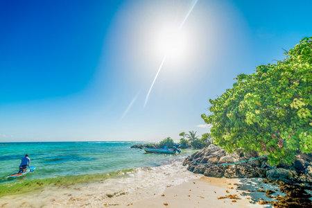 Man on a sup surfboard in Guadeloupe, French west indies. Lesser Antilles, Caribbean seaの写真素材