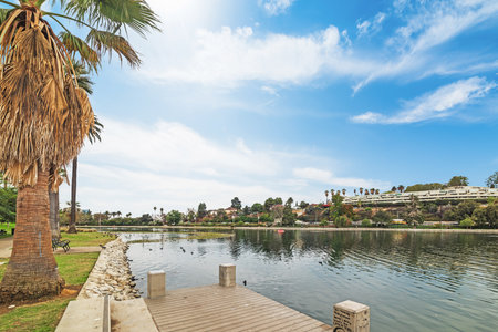 Blue sky over Echo park in Los Angeles, Californiaの写真素材