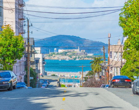 Alcatraz island seen from San Francisco, Californiaの写真素材