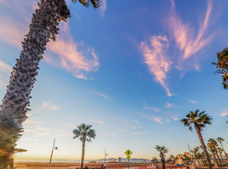 Santa Monica seafront at sunset, Californiaの写真素材