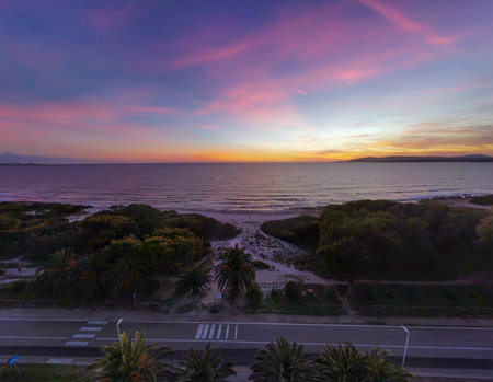 Aerial view of Maria Pia beach at sunset. Sardinia, Italyの写真素材