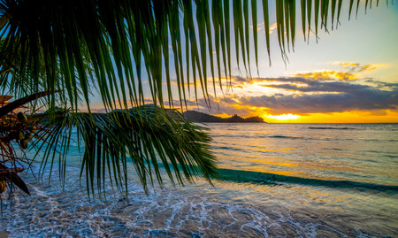 Colorful sunset in a tropical beach on a cloudy dayの写真素材